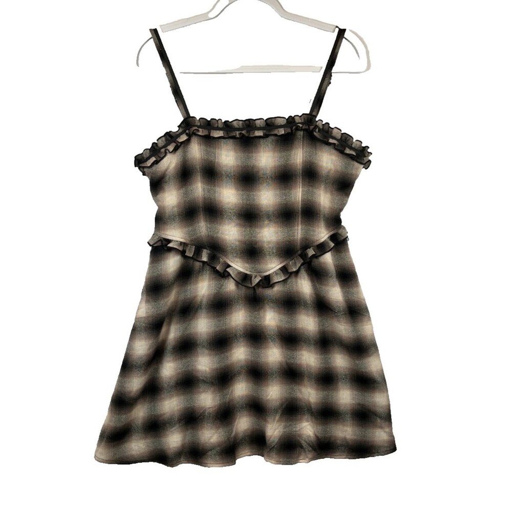 Heart & Heels Mini Dress Womens JR Size Large Brown Taupe Plaid Sleeveless Y2K